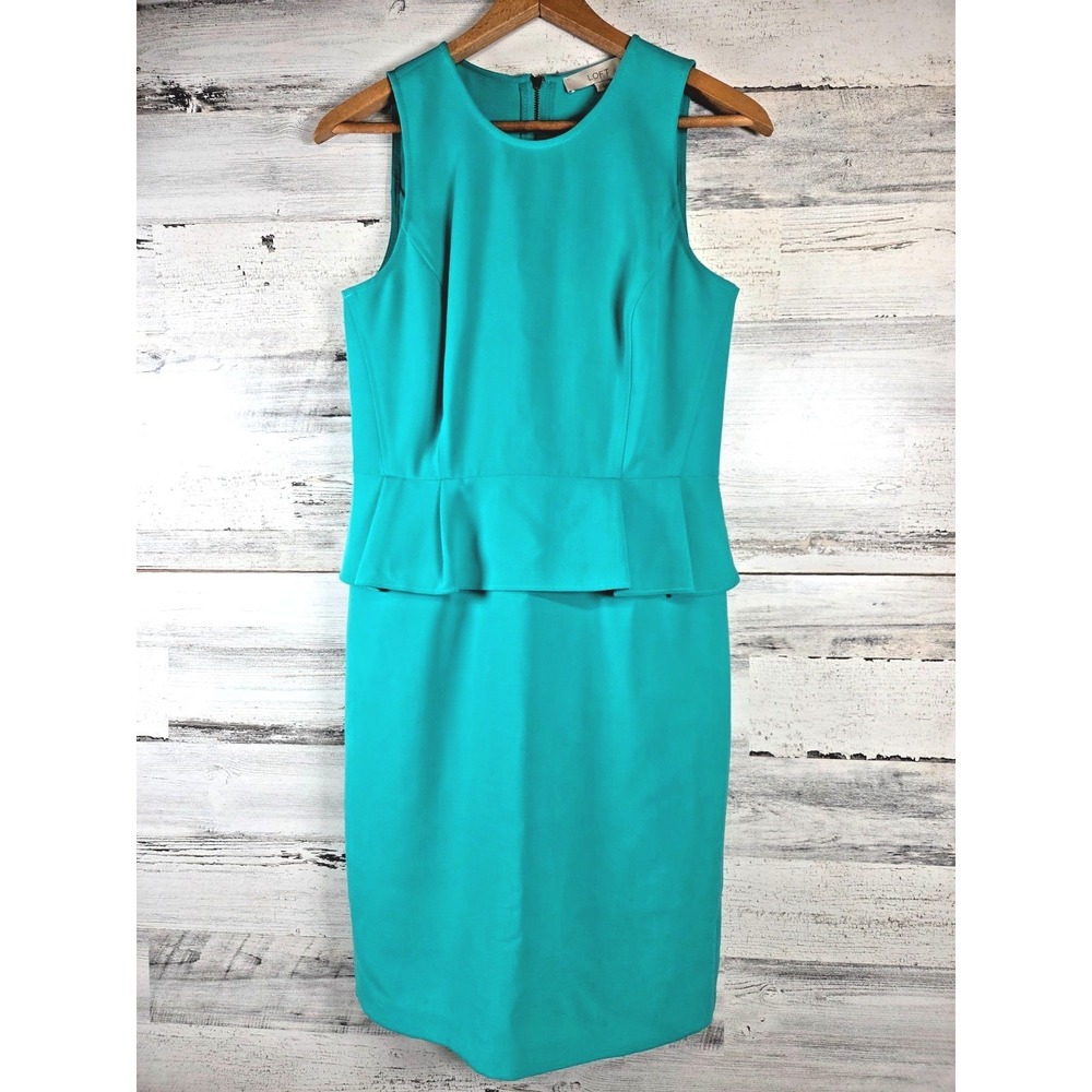 Ann Taylor Loft SZ 2 Petite Women's Knit Teal Peplum Sleeveless Sheath Dress